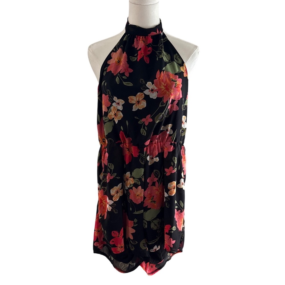 ePretty Chicago Floral Halter Romper Black Pink Orange Size Small